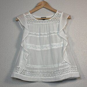 a.n.a. White Sleeveless Embroidery 100% Cotton Ruffle Blouse - Petite M